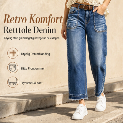 Dames vintage stretch jeans med rett ben, nedslitte lapplommer og frynsete råkant