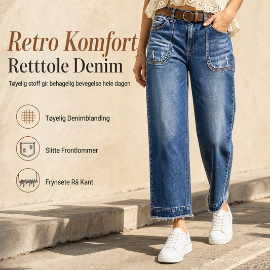 Dames vintage stretch jeans med rett ben, nedslitte lapplommer og frynsete råkant