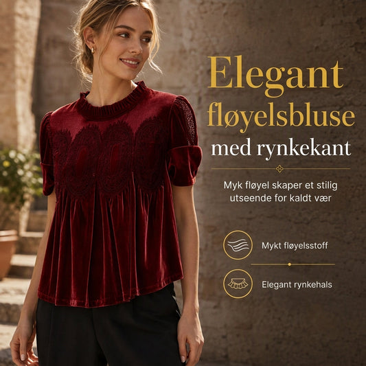 Dame-bluse med korte ermer og volangkrage, ensfarget