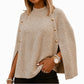 Knappestrikket kappe-poncho-genser for kvinner