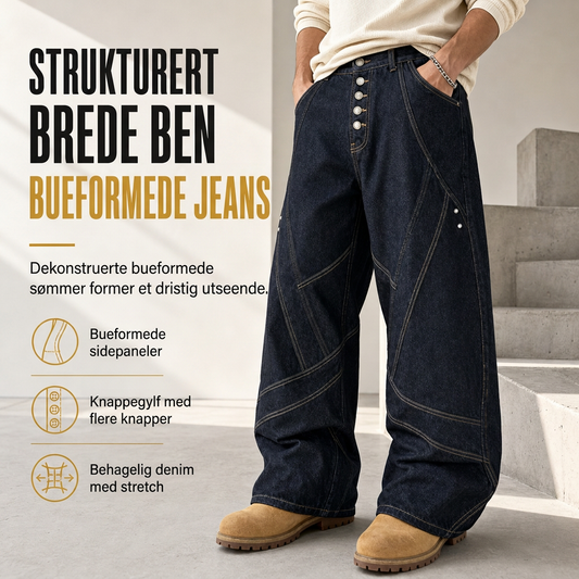 Amerikansk vintage buksa med buede ben og bred bein for menn, dekonstruerte rå denimknappfløyebukse