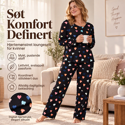 Pyjamssett med langt ermer og hjertemønster for kvinner