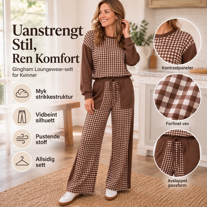 Damesett med rutete langermet topp og vidde bukser