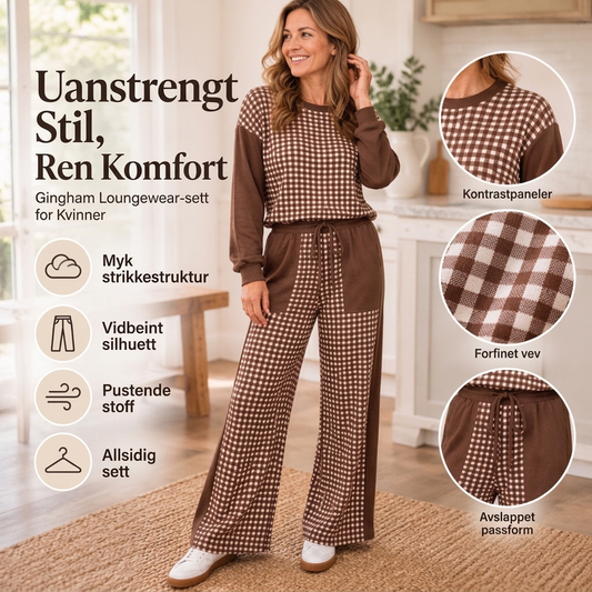 Damesett med rutete langermet topp og vidde bukser