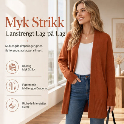 Mellomlang strikket genser for kvinner med åpen front og ribbede ermebånd