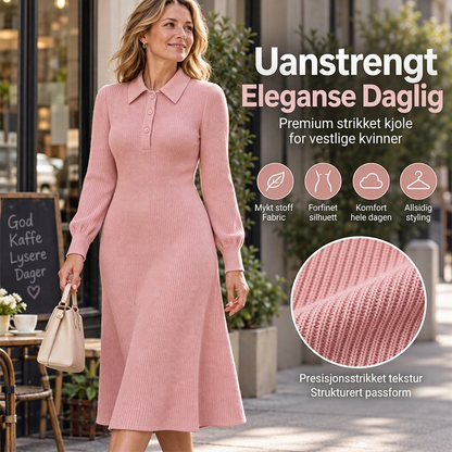 Strikkekjole for kvinner med reverskrage og ribbestrikk