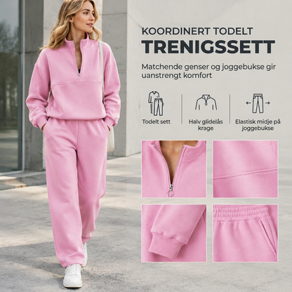 Uformelt todelt buksesett i ensfarget topp med glidelås og reverskrage og lange bukser – et antrekk for høst og vinter