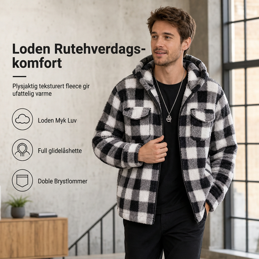 🧥 Herrejakke i rutemønster med hette, glidelås og to brystlommer med klaff ✨ mykt plysjfôr, rutemønster, jakke med hette og glidelås samt brystlommer