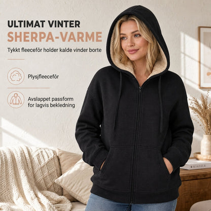 Varm vinter-fleece-genser med hette for damer