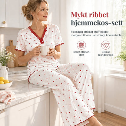 Damesett med printet pyjamas, kortærmet topp og langbukse, komfortabel og stretchy loungewear