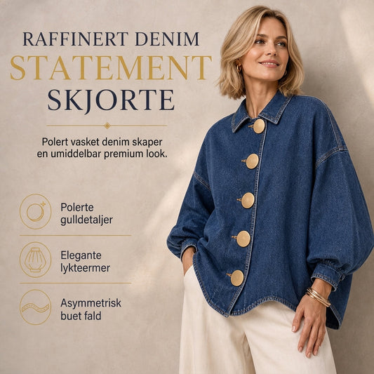 💙 Oversized skjortejakke i vasket denim med iøynefallende gullknapper og lanterneermer