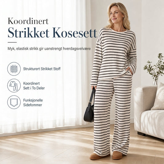 Damesett: Avslappende, løstsittende, stripet langermet topp med rund hals og bukse med snøring