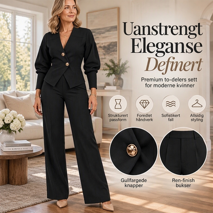 Kvinnelig elegant blazer med puff ermer og buksett med vidbeinte bukser