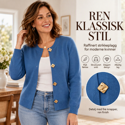 Elegant rundhalset strikket genser for kvinner med gullknapper