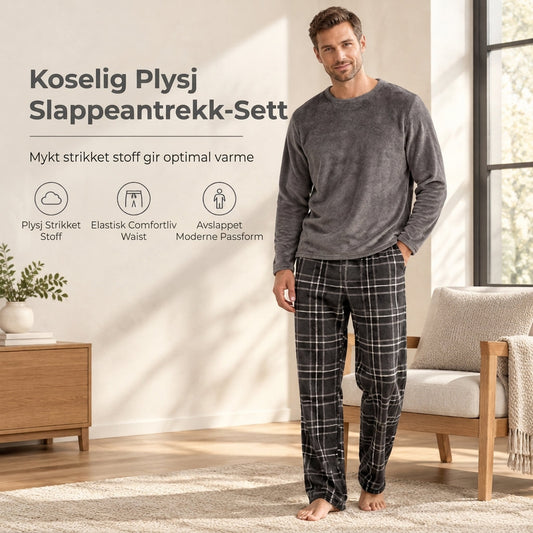 Mykt, plystrert pyjamasett i strikk til herrer, med ensfarget rundskjorte og rutete bukse