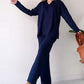 🎁50 % rabatt✨Komfortabel stretchstrikket V-halsdress for kvinner (topp + bukse)